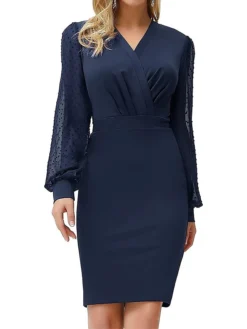 Women's Work Dress Sheath Dress Black Dress Fashion Winter Dress Office Daily Midi Dress Ruched V Neck Long Sleeve Plain Regular Fit Black Wine Dark Blue Fall Winter S M L XL -Party Prom Dresses Sales Store xhwtya1695030996019