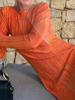 Women's Work Dress Sheath Dress Semi Formal Dress Fashion Daily Workfashion Long Dress Maxi Dress Ruched Pleated Crew Neck Long Sleeve Plain Slim Black Orange Fall Winter S M L -Party Prom Dresses Sales Store xhzbbz1695645277863