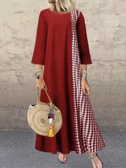 Women's Casual Dress Cotton Linen Dress A Line Dress Maxi Long Dress Cotton Blend Casual Outdoor Daily Crew Neck Print 3/4 Length Sleeve Summer Spring 2023 Loose Fit Black Red Navy Blue Plaid M L XL
