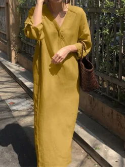 Women's Casual Dress Cotton Linen Dress Shift Dress Maxi Long Dress Linen / Cotton Blend Fashion Modern Outdoor Daily Vacation V Neck Button Long Sleeve Fall Winter Autumn 2023 Loose Fit Black Yellow -Party Prom Dresses Sales Store xikmzl1691143980574