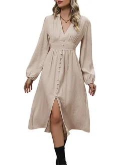 Women's Work Dress Casual Dress Swing Dress Fashion Office Daily Workfashion Midi Dress Button Split V Neck Long Sleeve Plain Regular Fit Apricot Fall Winter S M L XL -Party Prom Dresses Sales Store xjnlgf1695096213261