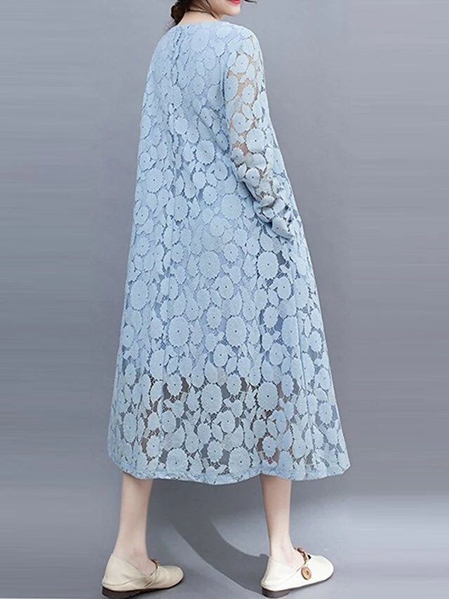 Women's Work Dress Lace Dress Black Dress Fashion Midi Dress Lace Pocket Crew Neck Long Sleeve Plain Loose Fit Black White Pink Fall M L XL XXL 3XL 8 Women's Work Dress Lace Dress Black Dress Fashion Midi Dress Lace Pocket Crew Neck Long Sleeve Plain Loose Fit Black White Pink Fall M L XL XXL 3XL - Image 8