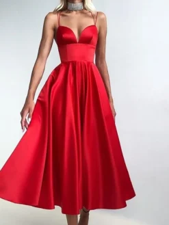 Women's Party Dress Satin Dress Swing Dress Midi Dress Black Champagne Red Sleeveless Pure Color Backless Summer Spring Deep V Fashion Party Summer Dress Spring Dress 2023 S M L XL -Party Prom Dresses Sales Store xkaszz1656913849591