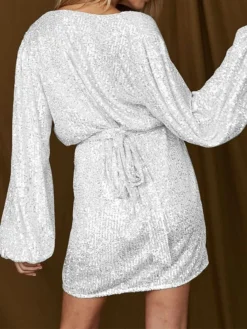 Women‘s Party Dress Sequin Dress Homecoming Dress Cocktail Dress Mini Dress Black White Champagne Long Sleeve Pure Color Sparkly Glitter Lace Up Fall Winter Autumn V Neck Wedding Guest -Party Prom Dresses Sales Store xkexuk1694592554334