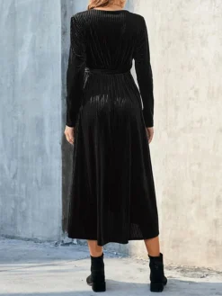 Women's Party Dress Velvet Dress Cocktail Dress Midi Dress Black Wine Brown Long Sleeve Pure Color Lace Up Spring Fall Winter V Neck Fashion Winter Dress Birthday Wedding Guest 2023 S M L XL XXL 3XL -Party Prom Dresses Sales Store xljxdy1692078940265