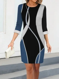 Women's Work Dress Casual Dress Sheath Dress Fashion Winter Dress Office Daily Midi Dress Print Crew Neck 3/4 Length Sleeve Geometric Color Block Regular Fit Red Blue Green Fall Winter S M L XL XXL -Party Prom Dresses Sales Store xlojyf1695350903190