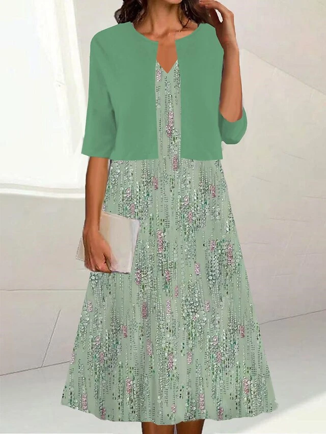 Women's Two Piece Dress Set Casual Dress Print Dress Outdoor Daily Fashion Elegant Print Midi Dress V Neck Half Sleeve Print Ombre Regular Fit Light Green Pink Dark Green Summer Spring S M L XL XXL 2 Women's Two Piece Dress Set Casual Dress Print Dress Outdoor Daily Fashion Elegant Print Midi Dress V Neck Half Sleeve Print Ombre Regular Fit Light Green Pink Dark Green Summer Spring S M L XL XXL - Image 2