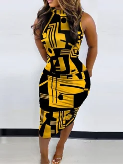 Women's Work Dress Sheath Dress Semi Formal Dress Fashion Midi Dress Print Crew Neck Sleeveless Geometric Plaid Regular Fit Yellow Red Brown Summer Spring S M L XL XXL