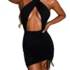 Women's Sheath Dress Mini Dress Black Red Dark Green Sleeveless Pure Color Ruched Summer Spring Halter Neck Sexy Party Slim 2022 S M L