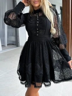 Women's Party Dress Lace Dress Homecoming Dress Mini Dress Black White Long Sleeve Pure Color Lace Summer Spring Fall Stand Collar Fashion Wedding Guest Birthday Vacation Slim 2023 S M L XL -Party Prom Dresses Sales Store xmprnd1681263747842