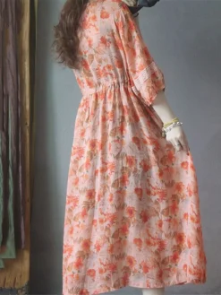 Women's Casual Dress Cotton Linen Dress Swing Dress Midi Dress Polyester Daily Casual Outdoor Daily Vacation Crew Neck Print 3/4 Length Sleeve Fall Autumn 2023 Loose Fit Orange Floral M L XL 2XL -Party Prom Dresses Sales Store xncszc1693226488737