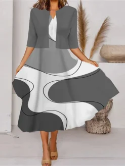 Women's Two Piece Dress Set Casual Dress Tank Dress Outdoor Daily Fashion Streetwear Pocket Print Midi Dress V Neck 3/4 Length Sleeve Geometric Color Block Regular Fit Black White Blue Spring Fall S -Party Prom Dresses Sales Store xnogqc1690857630575