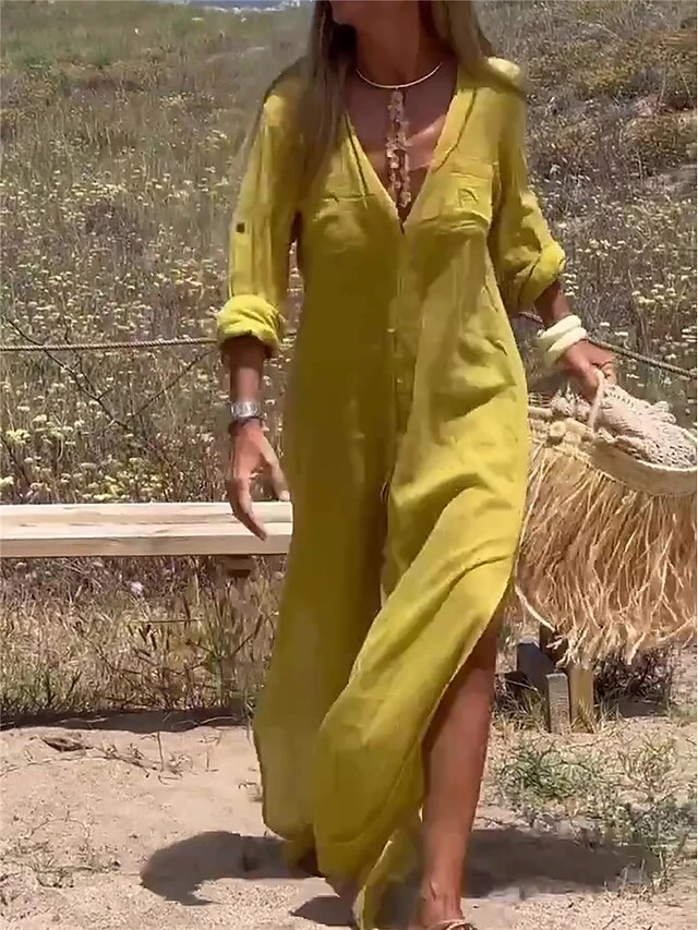 Women's Casual Dress Cotton Linen Dress Maxi Long Dress Cotton Blend Fashion Classic Outdoor Daily Vacation V Neck Button Pocket 3/4 Length Sleeve Summer Spring Fall 2023 Loose Fit Yellow Blue Purple 2 Women's Casual Dress Cotton Linen Dress Maxi Long Dress Cotton Blend Fashion Classic Outdoor Daily Vacation V Neck Button Pocket 3/4 Length Sleeve Summer Spring Fall 2023 Loose Fit Yellow Blue Purple - Image 2