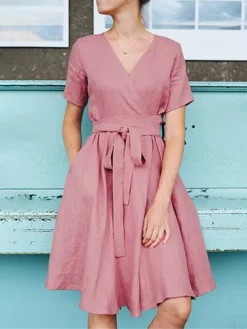Women's Casual Dress Cotton Linen Dress Swing Dress Mini Dress Cotton Blend Fashion Basic Outdoor Daily V Neck Pocket Tie Belt Short Sleeve Summer Spring 2023 Regular Fit ArmyGreen Pink Blue Pure