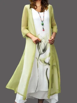 Women's Two Piece Dress Set Casual Dress Cotton Linen Dress Outdoor Daily Fashion Casual Fake Two Piece Print Midi Dress Crew Neck Short Sleeve Floral Painting Regular Fit Yellow Pink Red Summer -Party Prom Dresses Sales Store xorugz1680146908990