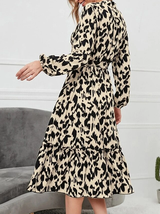 Women's Work Dress Casual Dress Semi Formal Dress Fashion Office Daily Midi Dress Lace Up Ruffle Stand Collar Long Sleeve Leopard Loose Fit Orange Apricot Fall Winter S M L XL 2 Women's Work Dress Casual Dress Semi Formal Dress Fashion Office Daily Midi Dress Lace Up Ruffle Stand Collar Long Sleeve Leopard Loose Fit Orange Apricot Fall Winter S M L XL - Image 2