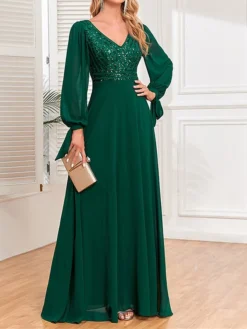Women's Prom Dress Party Dress Sequin Dress Long Dress Maxi Dress Green Long Sleeve Pure Color Sequins Fall Winter Autumn V Neck Fashion Wedding Guest Birthday Evening Party 2023 S M L XL -Party Prom Dresses Sales Store xoynsk1696567368054
