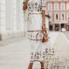 Women's Casual Dress Cotton Linen Dress White Dress Midi Dress Polyester Fashion Gothic Outdoor Daily Vacation Stand Collar Print Half Sleeve Summer Spring Fall 2023 Loose Fit Black Green Apricot
