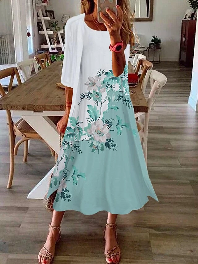 Women's Two Piece Dress Set Casual Dress Print Dress Outdoor Daily Fashion Elegant Print Midi Dress Crew Neck 3/4 Length Sleeve Floral Regular Fit Wine Blue Purple Summer Spring S M L XL XXL 1 Women's Two Piece Dress Set Casual Dress Print Dress Outdoor Daily Fashion Elegant Print Midi Dress Crew Neck 3/4 Length Sleeve Floral Regular Fit Wine Blue Purple Summer Spring S M L XL XXL