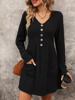 Women's Cotton Linen Dress Mini Dress Cotton Modern Style Casual Work Daily Vacation V Neck Button Long Sleeve Fall Winter 2023 Loose Fit Black Plain S M L XL -Party Prom Dresses Sales Store xptpcy1694687658070
