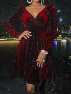 Women's Wedding Guest Dress Velvet Dress Red Holiday Dress Claret Royal Blue Brown Black Long Sleeve Pure Color Patchwork Winter Fall V Neck Party Sexy Party Fall Dress 2023 S M L XL Winter Dress