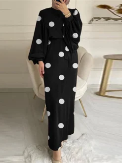 Women's Work Dress Sheath Dress Semi Formal Dress Fashion Long Dress Maxi Dress Lace Up Print Crew Neck Long Sleeve Polka Dot Loose Fit Black Yellow Red Fall Winter S M L XL XXL -Party Prom Dresses Sales Store xqpenq1693533750925