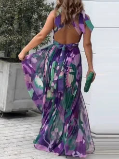 Women's Prom Dress Party Dress Swing Dress Long Dress Maxi Dress Purple Sleeveless Color Block Pleated Spring Fall Winter V Neck Fashion Wedding Guest Birthday Evening Party 2023 S M L XL -Party Prom Dresses Sales Store xquews1695205489739