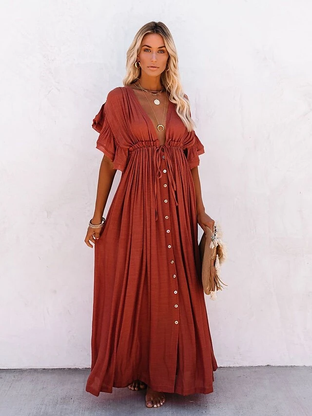 Women's Swing Dress Maxi Long Dress Green Orange Rust Red White Black Backless Short Sleeve Solid Color Summer Spring V Neck Boho Beach Loose 2023 One-Size 1 Women's Swing Dress Maxi Long Dress Green Orange Rust Red White Black Backless Short Sleeve Solid Color Summer Spring V Neck Boho Beach Loose 2023 One-Size