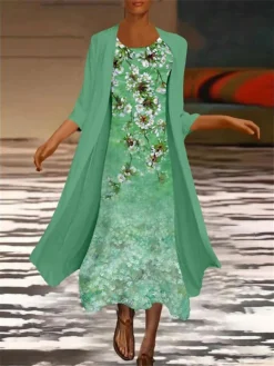 Women's Two Piece Dress Set Casual Dress Chiffon Dress Outdoor Office Fashion Casual Print Midi Dress Crew Neck 3/4 Length Sleeve Floral Loose Fit Blue Green Summer Spring M L XL XXL 3XL