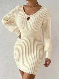 Women's Sweater Dress Jumper Dress Casual Dress Mini Dress Warm Pure Color Outdoor Casual Daily Holiday V Neck Long Sleeve Cut Out 2023 Regular Fit Beige XL XXL 3XL -Party Prom Dresses Sales Store xrhgpz1695643725798