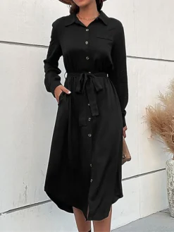 Women's Work Dress Casual Dress Black Dress Fashion Office Daily Workfashion Midi Dress Lace Up Button Shirt Collar Long Sleeve Plain Loose Fit Black Fall Winter S M L XL -Party Prom Dresses Sales Store xrijde1695105092920