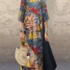 Women's Casual Dress Cotton Linen Dress A Line Dress Maxi Long Dress Cotton Blend Casual Vintage Retro Outdoor Daily Crew Neck Print 3/4 Length Sleeve Summer Spring 2023 Loose Fit Navy Blue Orange