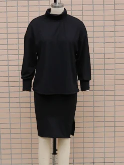 Women's Two Piece Dress Set Casual Dress Skirt Set Outdoor Daily Fashion Streetwear Split Ribbed Midi Dress Turtleneck Long Sleeve Plain Loose Fit Black Brown Beige Fall Winter S M L XL -Party Prom Dresses Sales Store xrunsa1694596425352