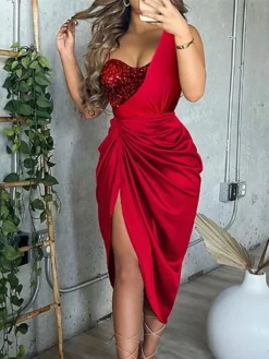 Women‘s Party Dress Wedding Guest Dress Sequin Dress Bodycon Midi Dress Black Dark Blue Red Sleeveless Pure Color Sequins Fall Spring Summer One Shoulder Fashion Party Slim 2023 S M L XL XXL -Party Prom Dresses Sales Store xrypsl1649908100995