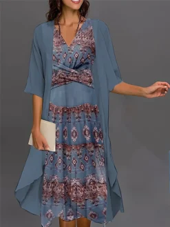 Women's Two Piece Dress Set Casual Dress Chiffon Dress Outdoor Daily Vintage Ethnic Knot Front Print Midi Dress V Neck 3/4 Length Sleeve Floral Tribal Regular Fit Black Blue Purple Fall Winter S M L -Party Prom Dresses Sales Store xsdymd1693534945940