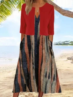 Women's Two Piece Dress Set Casual Dress Dress Set Outdoor Daily Fashion Streetwear Pocket Print Midi Dress V Neck Half Sleeve Stripe Regular Fit Red Summer Spring S M L XL XXL