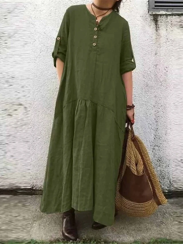 Women's Casual Dress Cotton Linen Dress Black Dress Maxi Long Dress Cotton Blend Basic Casual Outdoor Daily V Neck Button Pocket Long Sleeve Summer Spring Fall 2023 Loose Fit ArmyGreen Navy Blue Khaki 2 Women's Casual Dress Cotton Linen Dress Black Dress Maxi Long Dress Cotton Blend Basic Casual Outdoor Daily V Neck Button Pocket Long Sleeve Summer Spring Fall 2023 Loose Fit ArmyGreen Navy Blue Khaki - Image 2