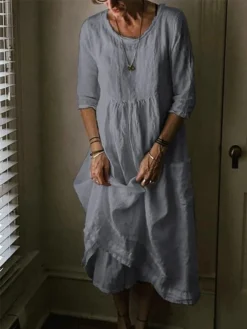 Women's Cotton Linen Dress Casual Dress Maxi Long Dress Cotton Basic Casual Outdoor Daily Vacation Crew Neck Pocket Half Sleeve Summer Spring 2023 Loose Fit Black Yellow Blue Plain S M L XL 2XL -Party Prom Dresses Sales Store xskraz1678437393539