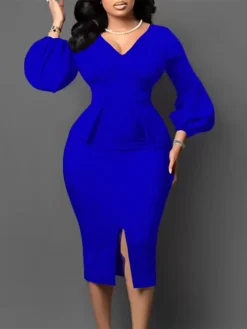 Women's Work Dress Sheath Dress Black Dress Fashion Puff Sleeve Midi Dress Ruched Split V Neck Long Sleeve Plain Regular Fit Black White Red Fall Winter S M L XL XXL -Party Prom Dresses Sales Store xsytad1693206399900