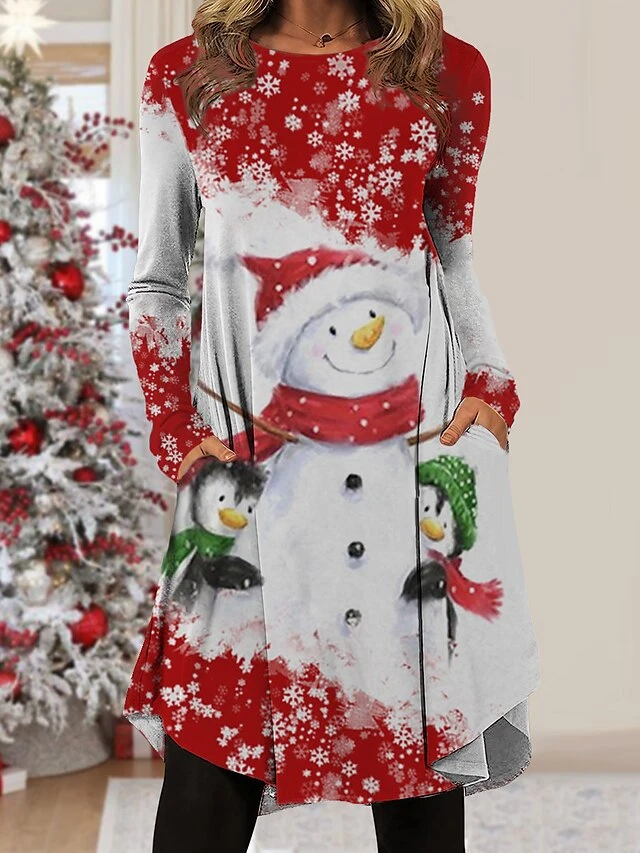 Women's Christmas Work Dress Casual Dress Fashion Winter DressDaily Midi Dress Pocket Print Crew Neck Long Sleeve SnowmanTree Regular Fit Black Wine Red Fall Winter S M L XL XXL 3 Women's Christmas Work Dress Casual Dress Fashion Winter DressDaily Midi Dress Pocket Print Crew Neck Long Sleeve SnowmanTree Regular Fit Black Wine Red Fall Winter S M L XL XXL - Image 3
