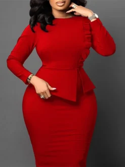 Women's Work Dress Sheath Dress Black Dress Fashion Midi Dress Ruched Split Crew Neck Long Sleeve Plain Regular Fit Black White Red Fall Winter S M L XL XXL -Party Prom Dresses Sales Store xszgkt1693206406729