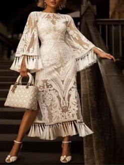 Women‘s Party Dress Wedding Guest Dress Dress Set Two Piece Dress Midi Dress White Long Sleeve Flower Lace Winter Fall Spring Crew Neck Fashion Party Evening Party 2023 S M L XL XXL -Party Prom Dresses Sales Store xtdiso1671788653530