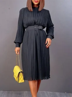 Women's Work Dress Casual Dress Black Dress Fashion Office Daily Workfashion Midi Dress Lace Up Pleated Crew Neck Long Sleeve Plain Regular Fit Black White Red Fall Winter S M L XL XXL -Party Prom Dresses Sales Store xtwudv1695645184014