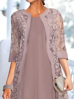 Women's Two Piece Dress Set Party Dress Lace Dress Party Wedding Guest Fashion Elegant Lace Patchwork Midi Dress Crew Neck 3/4 Length Sleeve Plain Regular Fit Light Purple Fall Winter S M L XL XXL -Party Prom Dresses Sales Store xtyhiv1696734116597