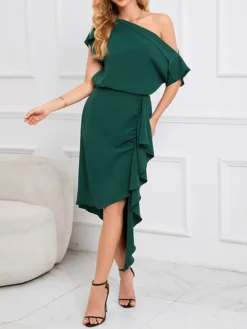 Party Prom Dresses Sales Store 27 Women's Two Piece Dress Set Party Dress Skirt Set Party Outdoor Fashion Party Ruffle Asymmetrical Midi Dress Off Shoulder Half Sleeve Plain Loose Fit Green Spring Fall S M L XL XXL