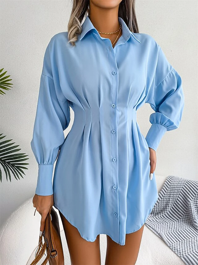 Women's Work Dress White Dress Semi Formal Dress Fashion Office Daily Workfashion Mini Dress Ruched Button Shirt Collar Long Sleeve Plain Loose Fit White Blue Army Green Fall Winter S M L XL 10 Women's Work Dress White Dress Semi Formal Dress Fashion Office Daily Workfashion Mini Dress Ruched Button Shirt Collar Long Sleeve Plain Loose Fit White Blue Army Green Fall Winter S M L XL - Image 10