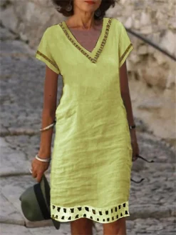 Women's Casual Dress Cotton Linen Dress Shift Dress Midi Dress Cotton Blend Fashion Basic Outdoor Daily Vacation V Neck Lace Up Hollow Out Short Sleeve Summer Spring 2023 Loose Fit Light Blue White -Party Prom Dresses Sales Store xvanfo1683542851236
