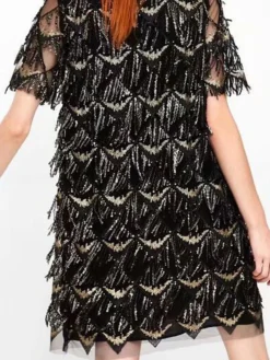 Women‘s Party Dress Fringe Dress Sequin Dress Homecoming Dress Mini Dress Black Champagne Short Sleeve Pure Color Sparkly Glitter Sequins Spring Fall Winter Crew Neck Fashion Winter Dress -Party Prom Dresses Sales Store xwbhuk1692690730296