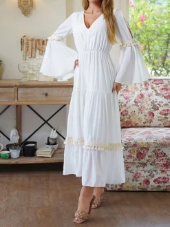 Women's Party Dress Cocktail Dress Wedding Guest Dress Midi Dress White Long Sleeve Pure Color Tassel Fringe Fall Winter Autumn V Neck Fashion Birthday Wedding Guest Vacation 2023 S M L XL -Party Prom Dresses Sales Store xwbpsb1693983147421