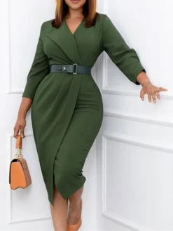 Women's Work Dress Casual Dress Sheath Dress Fashion Office Daily Workfashion Midi Dress Lace Up Ruched V Neck Long Sleeve Plain Regular Fit Red Green Dark Blue Fall Winter S M L XL XXL -Party Prom Dresses Sales Store xwckrt1695645165425